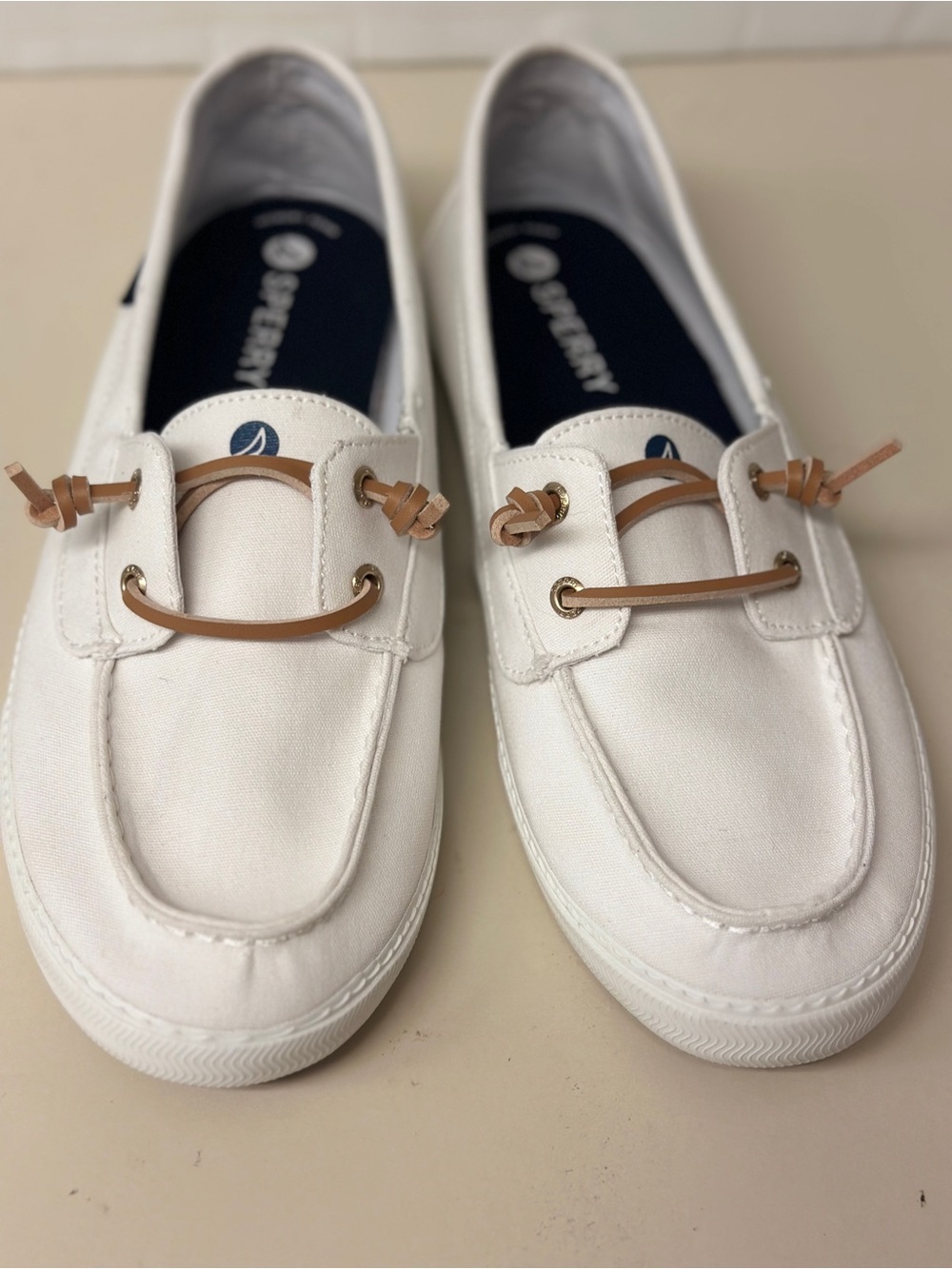 Sperry White Canvas Boat Shoes with Tan Leather Laces
